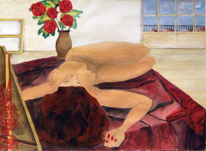 Painting titled "Pose indécente" by Emmanuelle Menny Fleuridas, Original Artwork, Acrylic Mounted on Cardboard