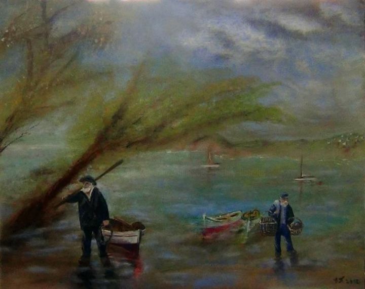"Retour de pêche" başlıklı Tablo Emmanuelle Menny Fleuridas tarafından, Orijinal sanat, Petrol