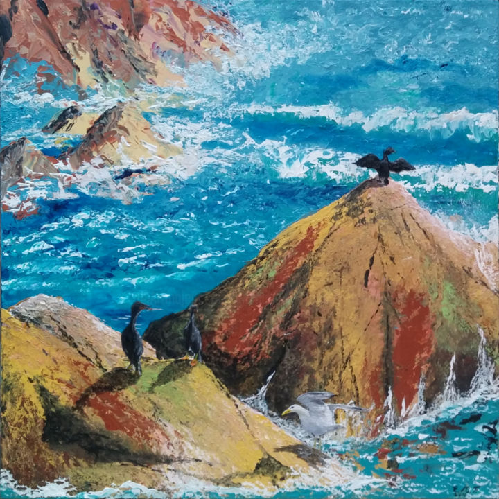 Peinture intitulée "Rochers aux oiseaux" par Emmanuelle Menny Fleuridas, Œuvre d'art originale, Acrylique Monté sur Châssis…