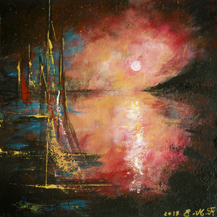 Картина под названием "Moonlight" - Emmanuelle Menny Fleuridas, Подлинное произведение искусства, Акрил Установлен на Деревя…