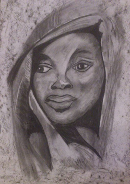 Drawing titled "Femme au turban" by Marianne Desrumaux, Original Artwork, Charcoal