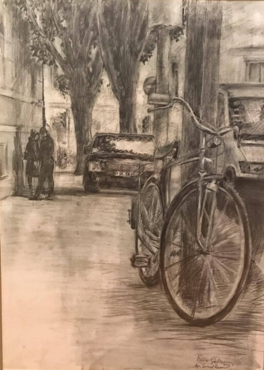 Drawing titled "sokak-exterior" by Emre Cetin, Original Artwork, Charcoal