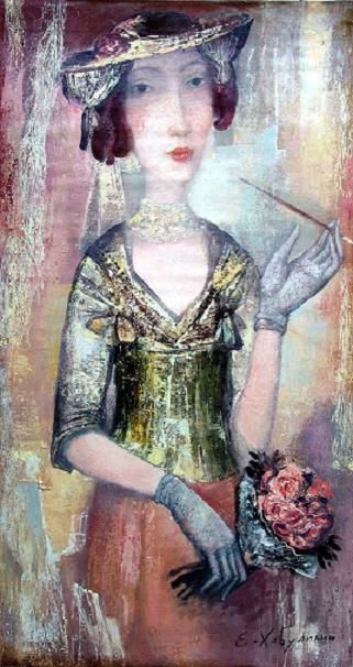 Картина под названием "Lady with bouquet" - Emzar Khabuliani, Подлинное произведение искусства