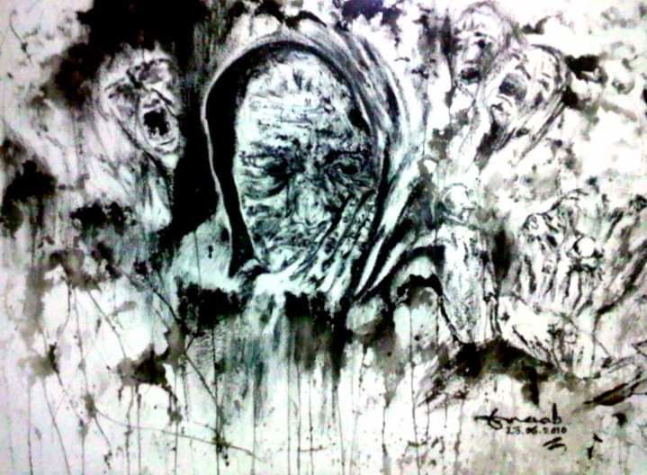Painting titled "Fire in Old Town" by Enaab Karim, Original Art, Ink