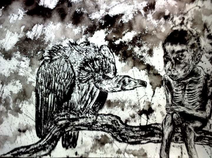 Schilderij getiteld "Starving Children-2" door Enaab Karim, Origineel Kunstwerk, Inkt