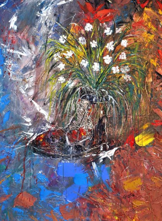 Schilderij getiteld "Flowers in My Old S…" door Enaab Karim, Origineel Kunstwerk, Acryl