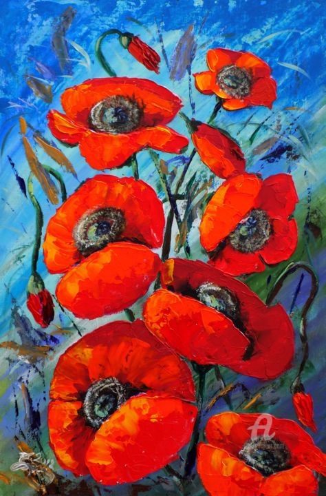 Painting titled "Poppy Composition 4" by Nick Ercsei, Original Artwork, Acrylic
