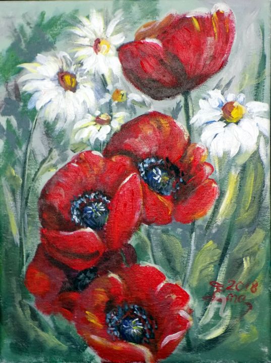 Painting titled "Poppy Composition 5" by Nick Ercsei, Original Artwork, Acrylic