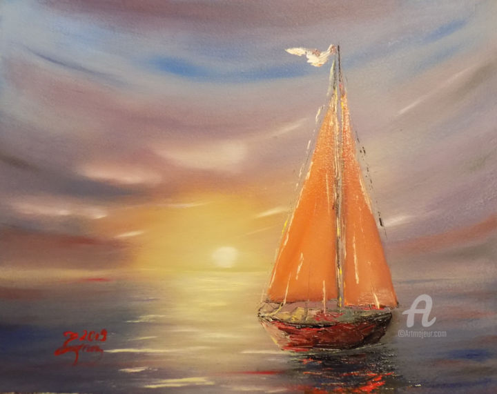 Painting titled "Sailing V" by Nick Ercsei, Original Artwork, Oil
