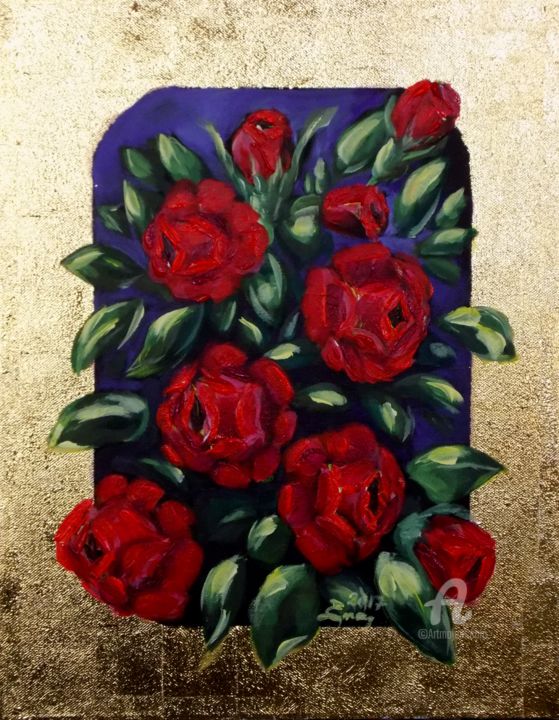 Painting titled "Nine Roses on Gold" by Nick Ercsei, Original Artwork, Other
