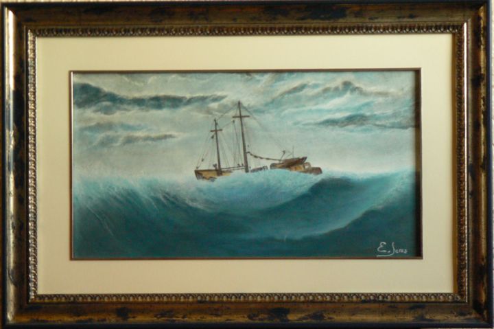 Painting titled "Barco en mar bravio…" by Encarnación Jerez Torregrosa, Original Artwork, Pastel