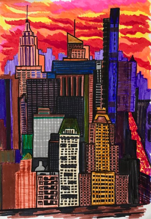 Tekening getiteld "Нью Йорк" door Larissa Lukaneva, Origineel Kunstwerk, Marker