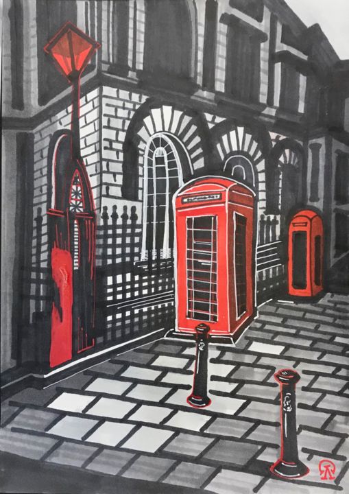 Рисунок под названием "Телефонная будка. С…" - Larissa Lukaneva, Подлинное произведение искусства, Маркер