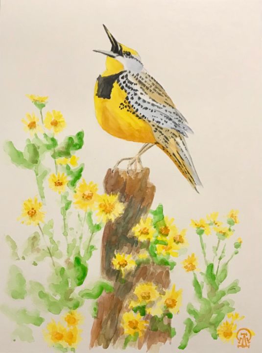 Картина под названием "Жёлтая птичка" - Larissa Lukaneva, Подлинное произведение искусства, Акварель