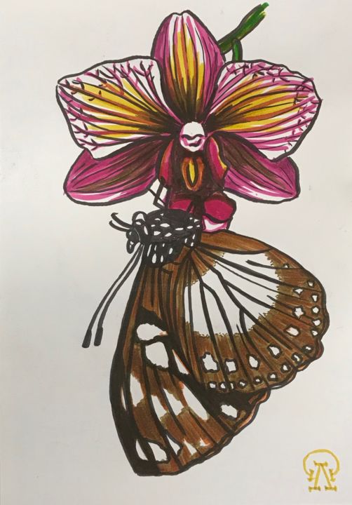 Рисунок под названием "Орхидея и бабочка.…" - Larissa Lukaneva, Подлинное произведение искусства, Маркер