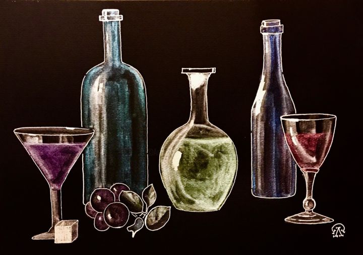 「Бокалы и бутылки. С…」というタイトルの描画 Larissa Lukanevaによって, オリジナルのアートワーク, 水彩画