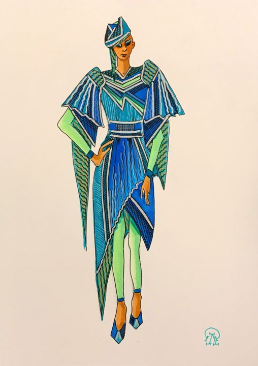 Drawing titled "Fashion-sketch" by Larissa Lukaneva, Original Artwork, Marker