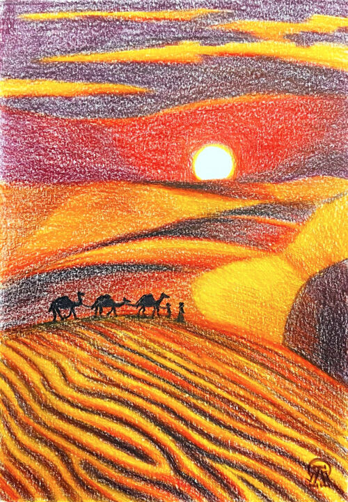 Drawing titled "Закат в пустыне. Ск…" by Larissa Lukaneva, Original Artwork, Pencil