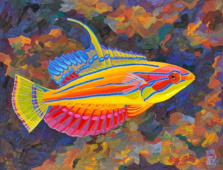 Dessin intitulée "Тропическая рыба. 4." par Larissa Lukaneva, Œuvre d'art originale, Gouache