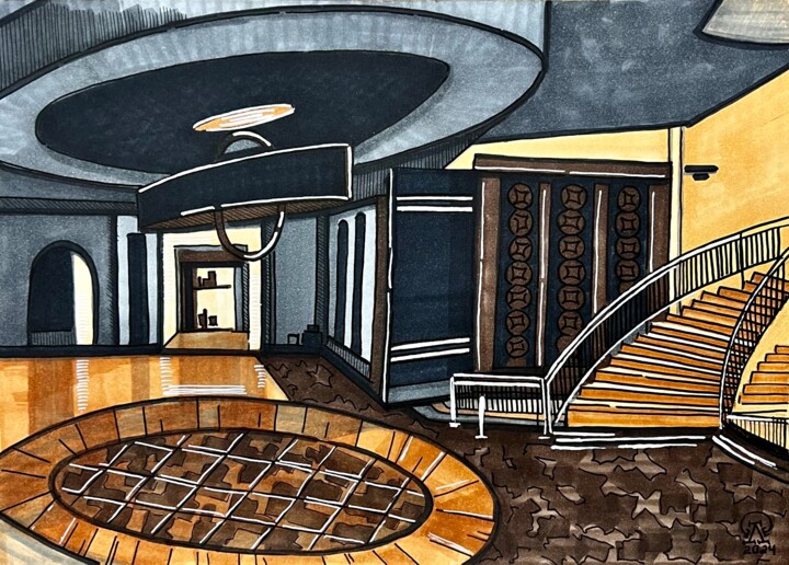 Desenho intitulada "Лобби отеля. Скетч." por Larissa Lukaneva, Obras de arte originais, Marcador