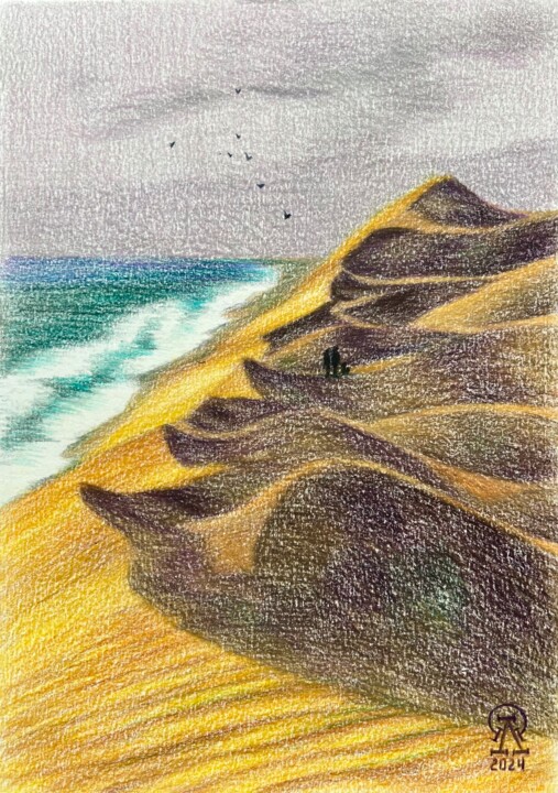 Dessin intitulée "Дюны и волны. Скетч." par Larissa Lukaneva, Œuvre d'art originale, Crayon