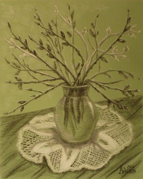 Рисунок под названием "Poplar Twigs" - Larissa Lukaneva, Подлинное произведение искусства