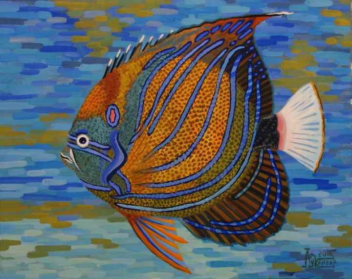 Pittura intitolato "Тропическая рыба 2.…" da Larissa Lukaneva, Opera d'arte originale, Gouache
