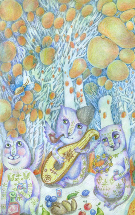 Drawing titled ""Die Katzen-2" / "…" by Elena Nevmyvako, Original Artwork, Pencil