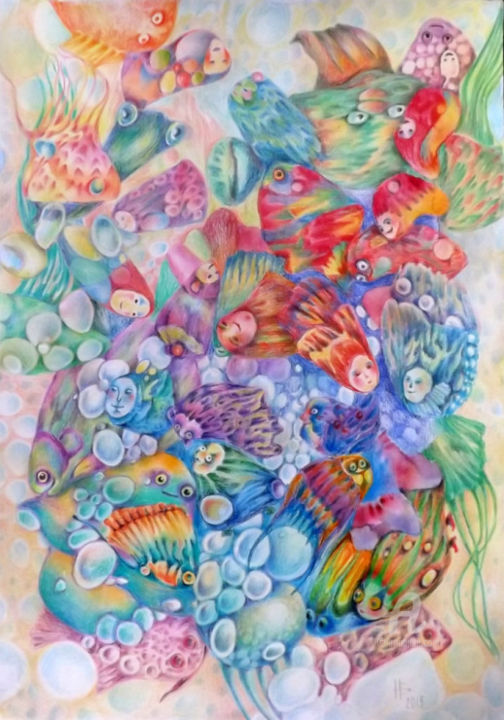 Desenho intitulada "" Die fliegende Fis…" por Elena Nevmyvako, Obras de arte originais, Lápis