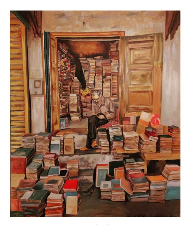 Painting titled "Bookseller" by Engo, Original Artwork, Oil
