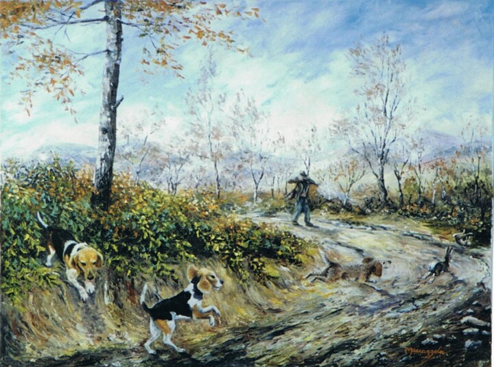 Pintura titulada "157-chasse-au-lapin…" por Enio Maccazzola, Obra de arte original, Oleo