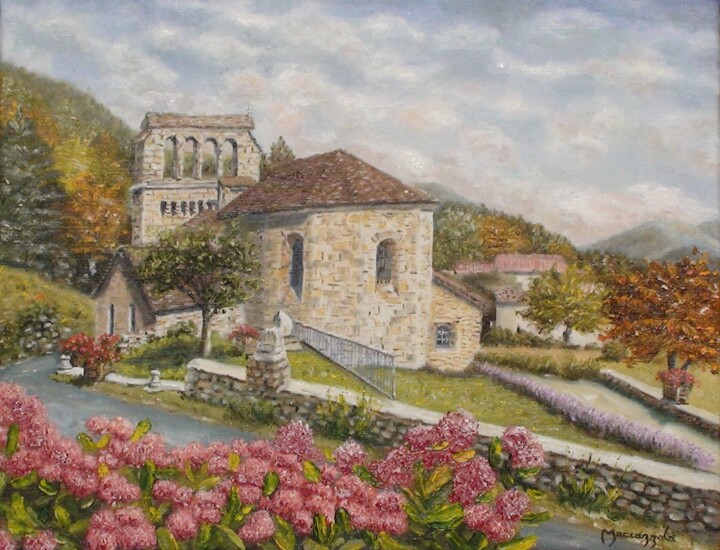 Painting titled "N°289 EGLISE DE CON…" by Enio Maccazzola, Original Artwork, Oil Mounted on Wood Stretcher frame