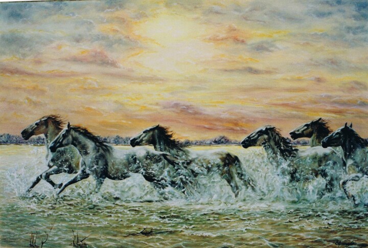 Painting titled "086-chevaux-en-cama…" by Enio Maccazzola, Original Artwork, Oil