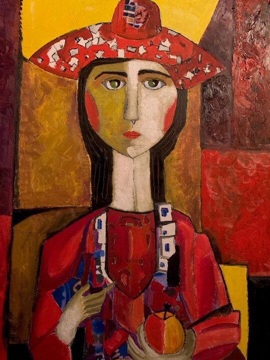 Pintura titulada "dona amb barret ver…" por Enric Hernaez, Obra de arte original, Oleo