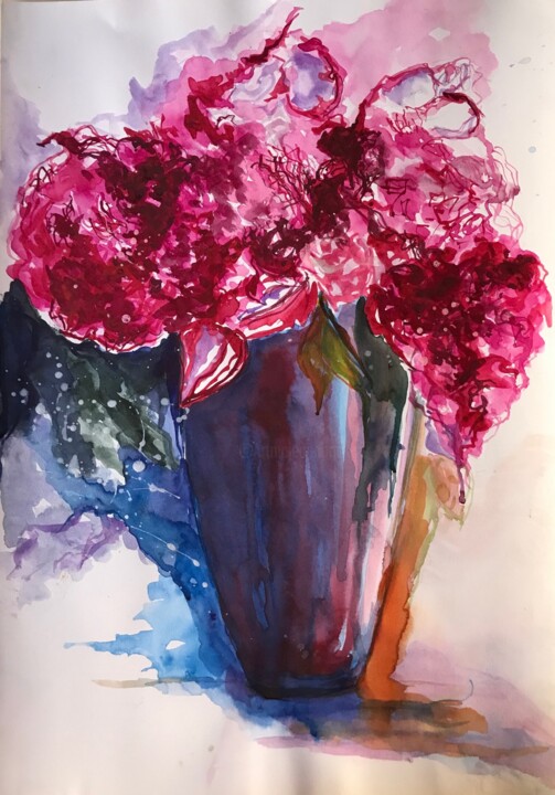 Painting titled "Vase d'hortensia" by Enrica Chieregatti, Original Artwork, Watercolor
