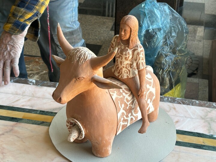 Sculpture titled "Donna su toro" by Enrico Petrolini, Original Artwork, Clay