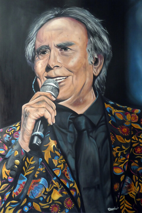 Painting titled "Joan Manuel Serrat" by Enrique Escolar Hernández, Original Artwork, Oil Mounted on Wood Stretcher frame