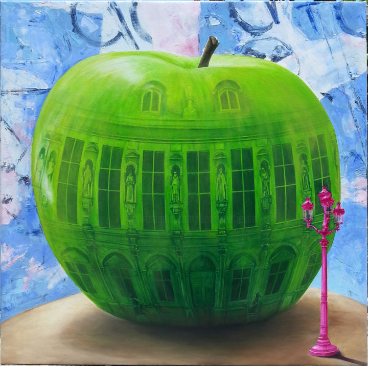 Malerei mit dem Titel "Pomme de la discord…" von Enrique Etievan, Original-Kunstwerk, Öl