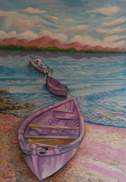 Schilderij getiteld "Tre barche" door Enzo Cadeddu (Cadenzo), Origineel Kunstwerk, Aquarel Gemonteerd op Karton