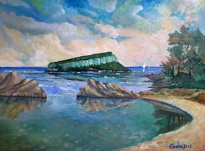 Painting titled "Figarolo island gol…" by Enzo Cadeddu (Cadenzo), Original Artwork, Oil Mounted on Wood Panel