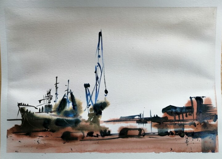 Painting titled "Puerto de Montevideo" by Enzo Canale Cohe, Original Artwork, Watercolor