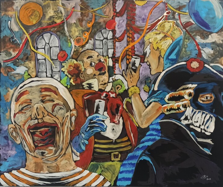 Painting titled "Festa in maschera -…" by Enzo Caso, Original Artwork, Acrylic Mounted on Other rigid panel