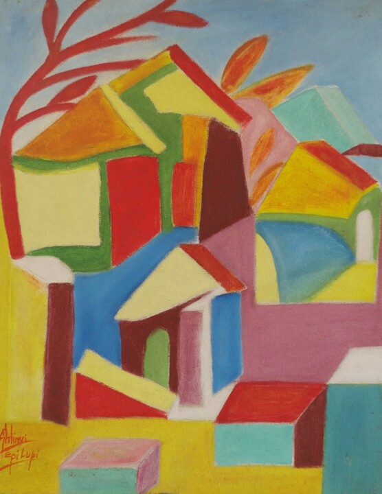 「Blockhaus」というタイトルの絵画 Lupicin Magloire Kouassivi Ahlinviによって, オリジナルのアートワーク, オイル ウッドストレッチャーフレームにマウント