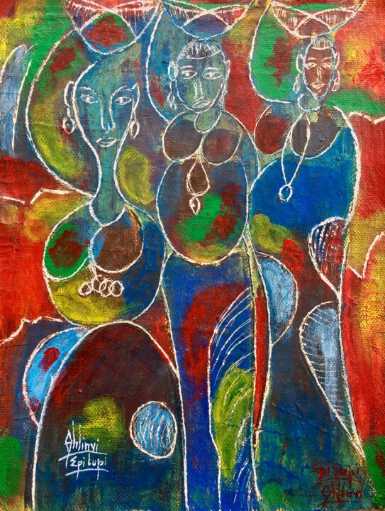 Painting titled "Femmes porteuses" by Lupicin Magloire Kouassivi Ahlinvi, Original Artwork, Acrylic