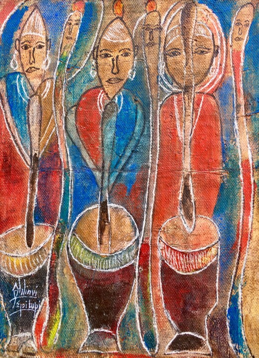 Pintura titulada "Women pounding yams" por Lupicin Magloire Kouassivi Ahlinvi, Obra de arte original, Acrílico