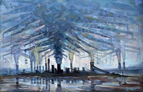 Painting titled "Smoke crane factory" by Epimitreus, Original Artwork, Oil