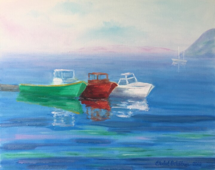 Painting titled "Three Boats at Gümü…" by Erdal Bölükbaşı, Original Artwork, Oil