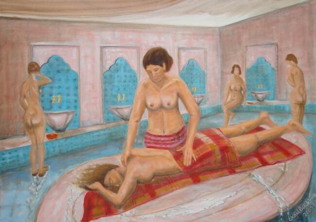 Malerei mit dem Titel "Kadınlar Hamamı (Wo…" von Erdal Bölükbaşı, Original-Kunstwerk, Öl