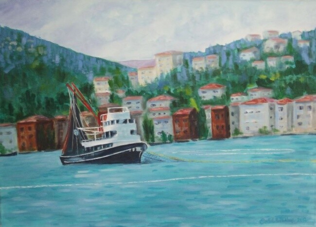 Картина под названием "Sarıyer'in Balıkçıl…" - Erdal Bölükbaşı, Подлинное произведение искусства, Масло