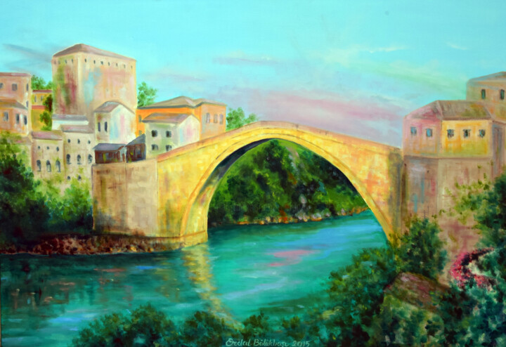 "Mostar Bridge" başlıklı Tablo Erdal Bölükbaşı tarafından, Orijinal sanat, Petrol Ahşap Sedye çerçevesi üzerine monte edilmiş